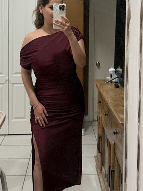 Premier One-Shoulder Ruched Burgundy Evening Dress